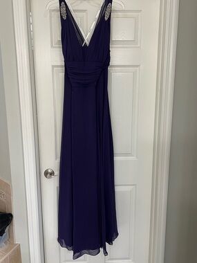 Faviana Plum V-Neck Chiffon Maxi Dress with Beaded Shoulder Accents